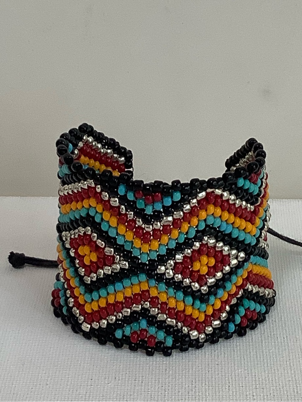 Beaded Multicolor Chevron Cuff Bracelet - Black, Turquoise, Red & Yellow